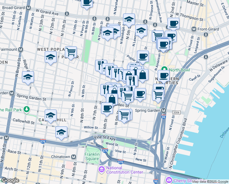 map of restaurants, bars, coffee shops, grocery stores, and more near 638 North 5th Street in Philadelphia
