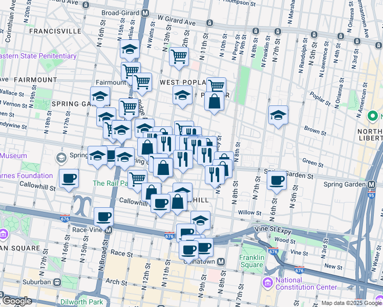 map of restaurants, bars, coffee shops, grocery stores, and more near 602 North 11th Street in Philadelphia