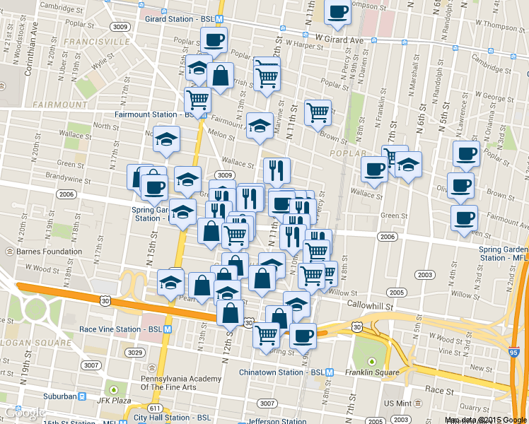 map of restaurants, bars, coffee shops, grocery stores, and more near 602 North 11th Street in Philadelphia