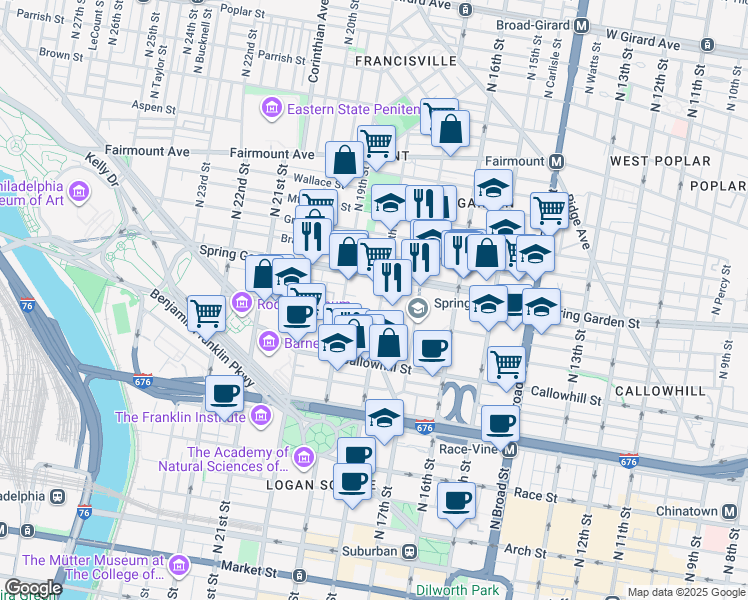 map of restaurants, bars, coffee shops, grocery stores, and more near in Philadelphia