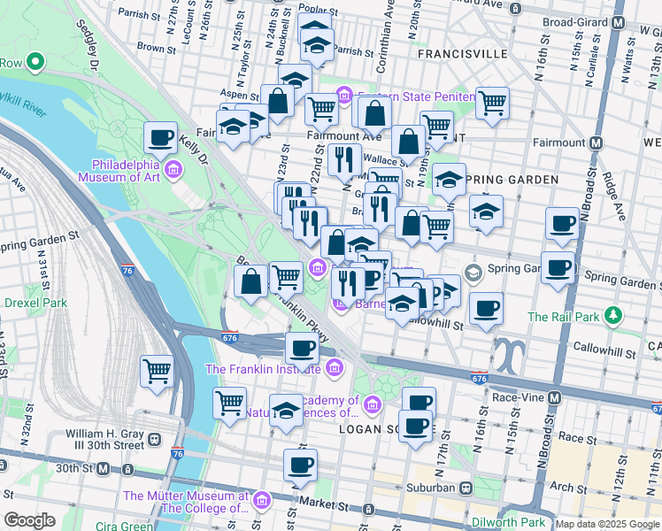 map of restaurants, bars, coffee shops, grocery stores, and more near 2101 Pennsylvania Avenue in Philadelphia