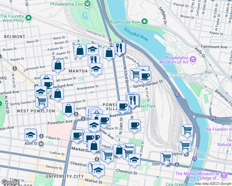 map of restaurants, bars, coffee shops, grocery stores, and more near 3409 Spring Garden Street in Philadelphia