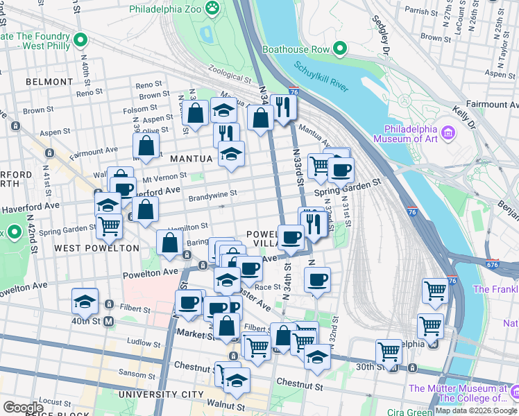 map of restaurants, bars, coffee shops, grocery stores, and more near 3409 Spring Garden Street in Philadelphia
