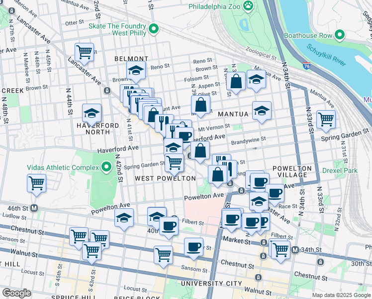 map of restaurants, bars, coffee shops, grocery stores, and more near 3940 Haverford Avenue in Philadelphia