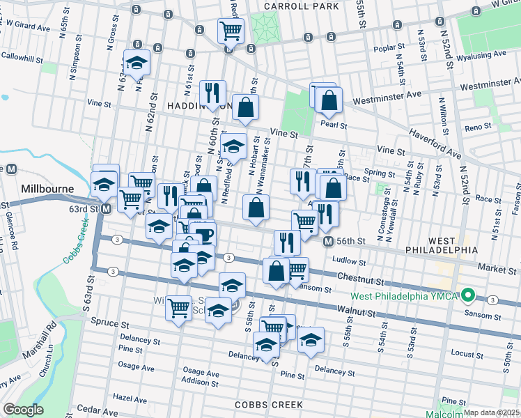 map of restaurants, bars, coffee shops, grocery stores, and more near 5811 Filbert Street in Philadelphia