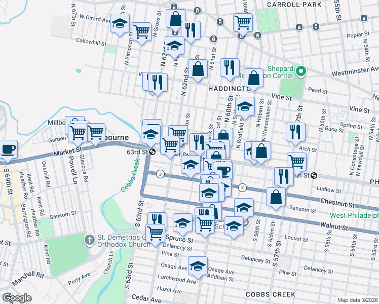 map of restaurants, bars, coffee shops, grocery stores, and more near 29 North Dewey Street in Philadelphia