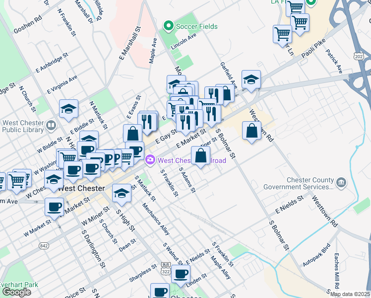 map of restaurants, bars, coffee shops, grocery stores, and more near 515 East Market Street in West Chester