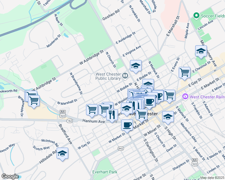 map of restaurants, bars, coffee shops, grocery stores, and more near 127 West Lafayette Street in West Chester