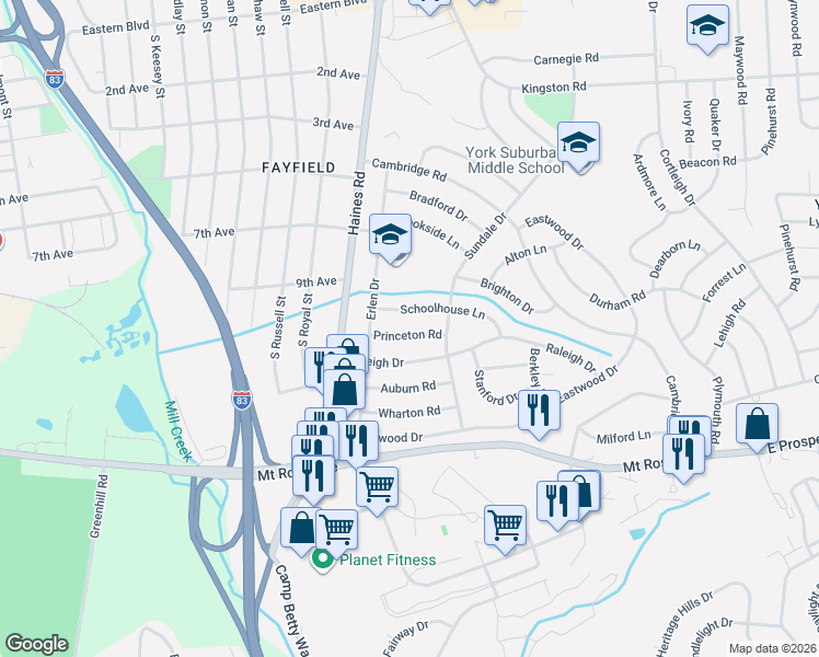 map of restaurants, bars, coffee shops, grocery stores, and more near 2446 Schoolhouse Lane in East York