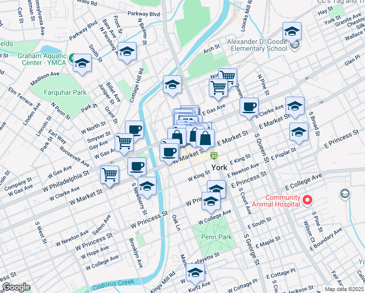 map of restaurants, bars, coffee shops, grocery stores, and more near 30 South Beaver Street in York