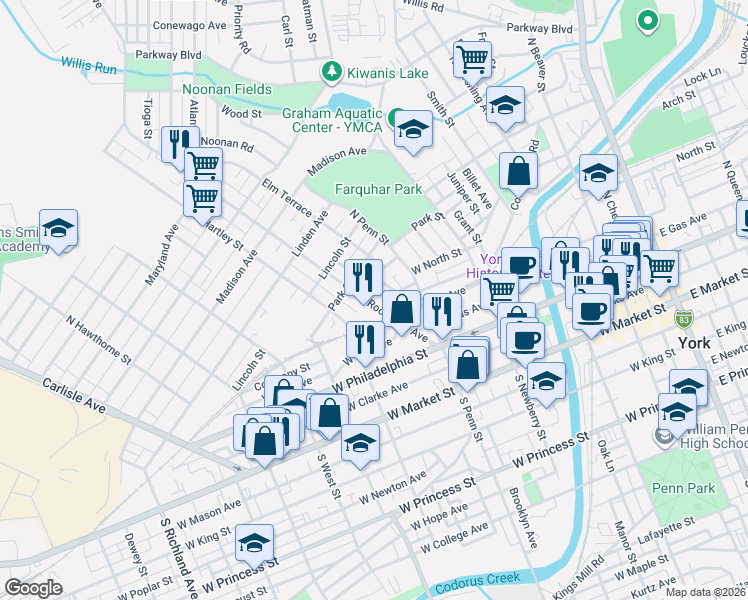 map of restaurants, bars, coffee shops, grocery stores, and more near 215 Park Place in York