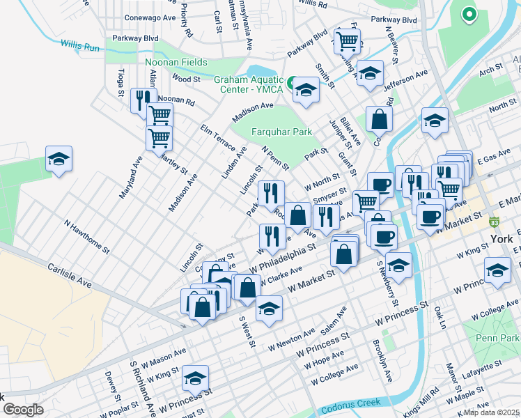 map of restaurants, bars, coffee shops, grocery stores, and more near 261 Roosevelt Avenue in York