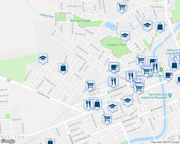 map of restaurants, bars, coffee shops, grocery stores, and more near 594 Linden Avenue in York