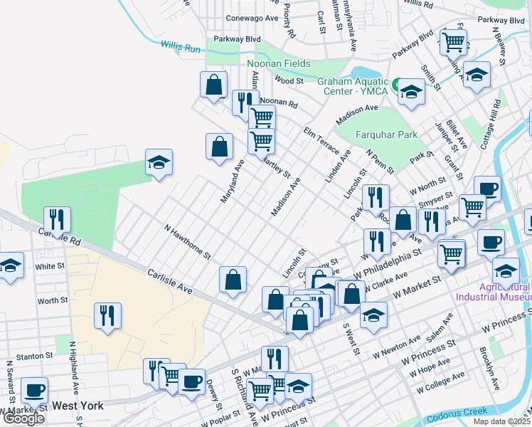 map of restaurants, bars, coffee shops, grocery stores, and more near 557 Rockdale Avenue in York