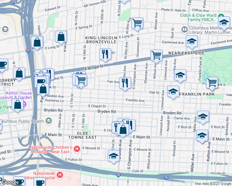 map of restaurants, bars, coffee shops, grocery stores, and more near 1092 Oak Street in Columbus