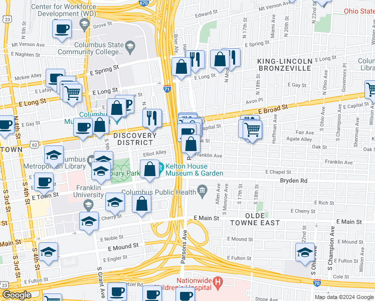map of restaurants, bars, coffee shops, grocery stores, and more near in Columbus