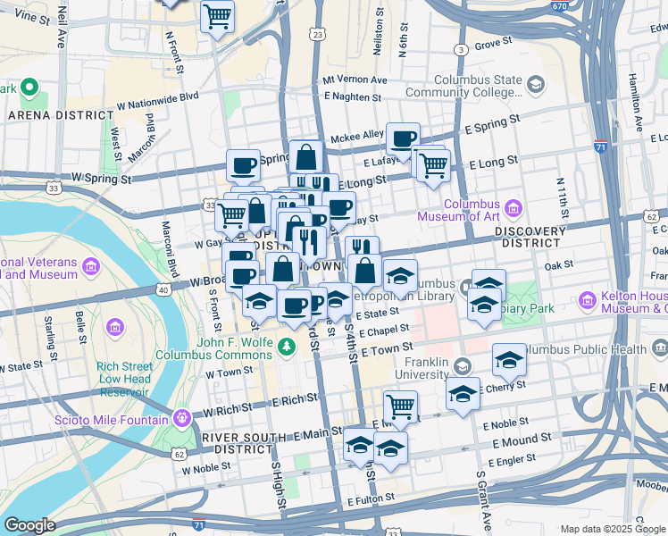 map of restaurants, bars, coffee shops, grocery stores, and more near 150 East Broad Street in Columbus