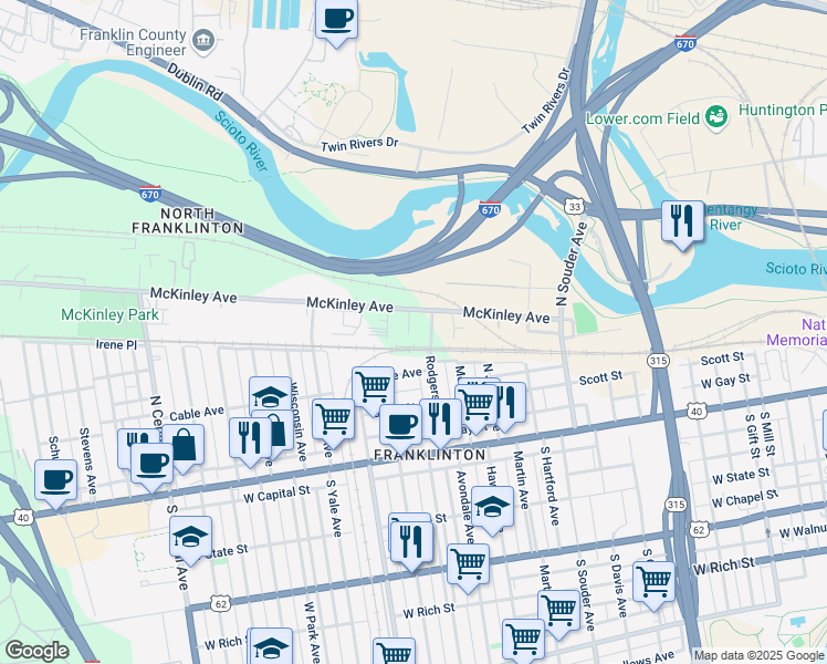 map of restaurants, bars, coffee shops, grocery stores, and more near 1009 Mc Kinley Avenue in Columbus