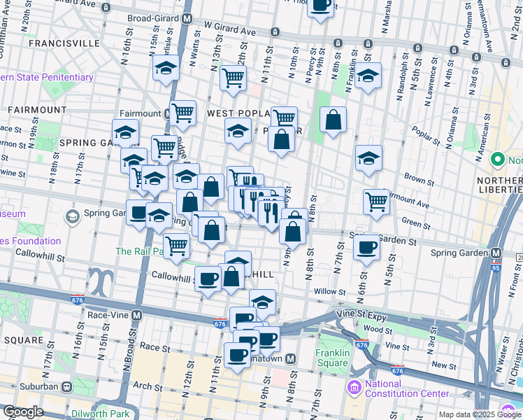 map of restaurants, bars, coffee shops, grocery stores, and more near 1008 Green Street in Philadelphia