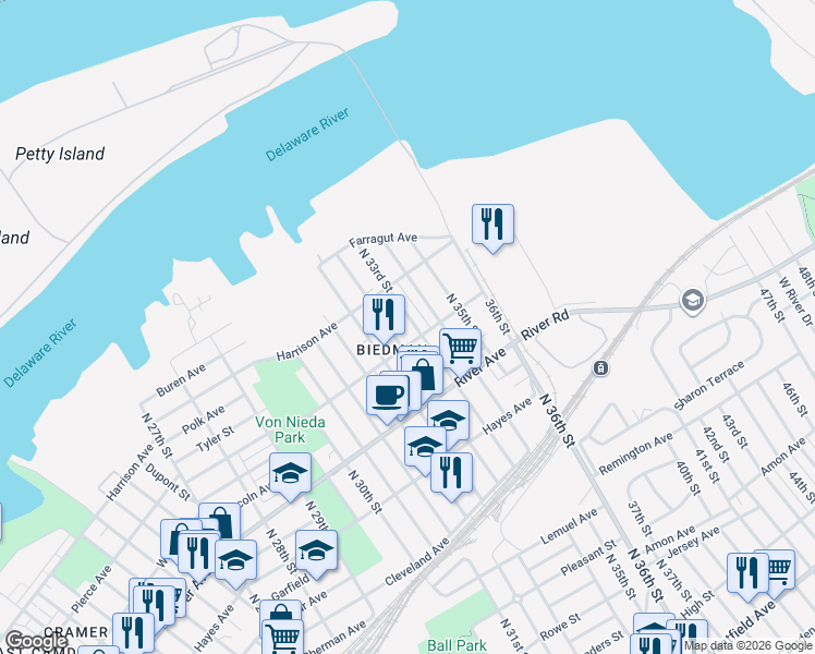 map of restaurants, bars, coffee shops, grocery stores, and more near 1137 North 33rd Street in Camden
