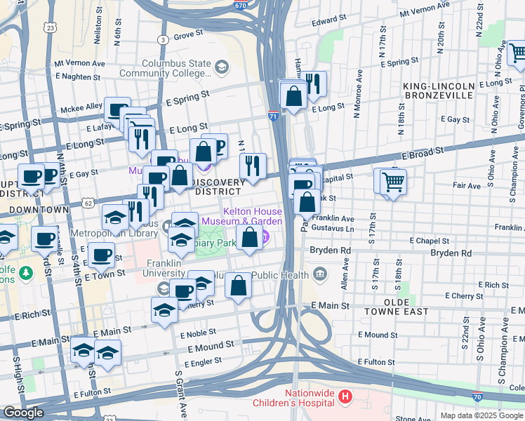 map of restaurants, bars, coffee shops, grocery stores, and more near 597 Oak Street in Columbus