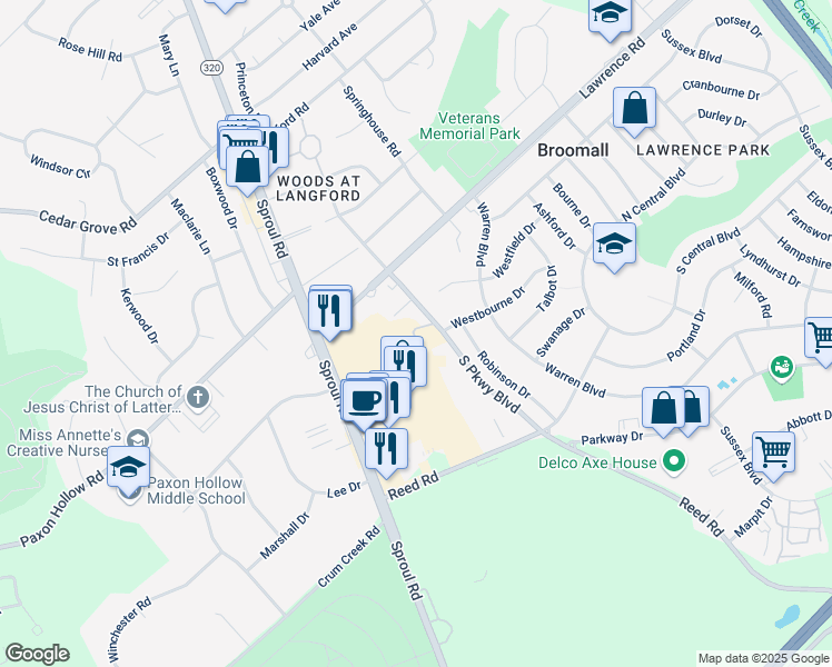 map of restaurants, bars, coffee shops, grocery stores, and more near 504 Westbourne Drive in Broomall