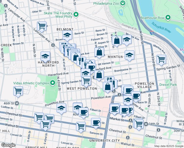 map of restaurants, bars, coffee shops, grocery stores, and more near 3933 Lancaster Avenue in Philadelphia