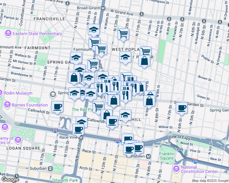 map of restaurants, bars, coffee shops, grocery stores, and more near 530 North 12th Street in Philadelphia