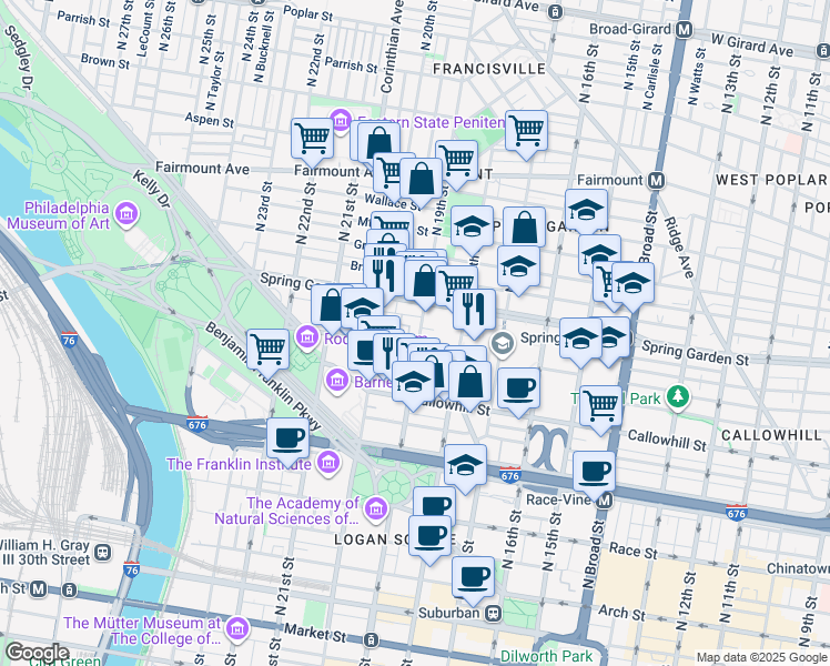 map of restaurants, bars, coffee shops, grocery stores, and more near 56 Hamilton Circle in Philadelphia