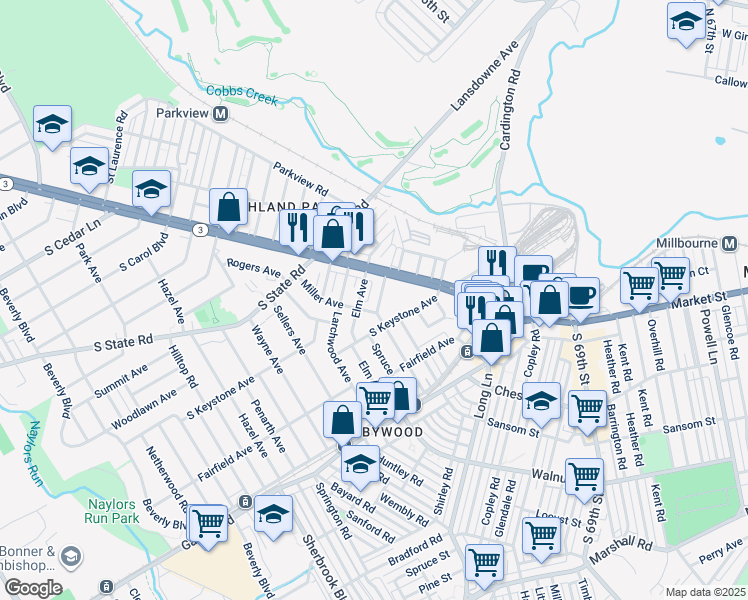 map of restaurants, bars, coffee shops, grocery stores, and more near 14 Winfield Avenue in Upper Darby