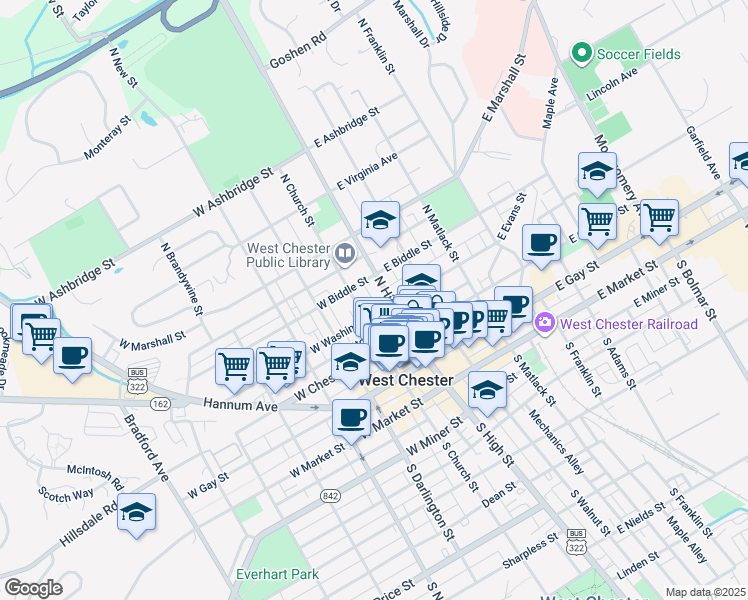 map of restaurants, bars, coffee shops, grocery stores, and more near 312 North High Street in West Chester