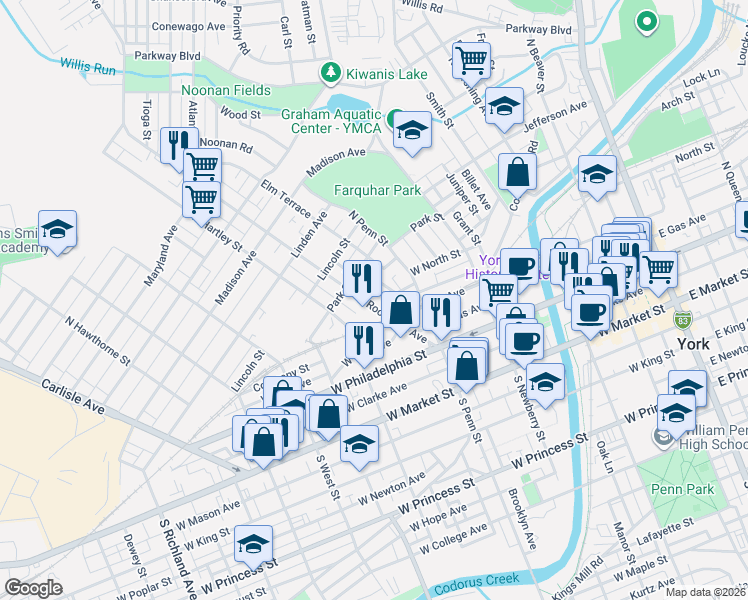 map of restaurants, bars, coffee shops, grocery stores, and more near 215 Park Place in York