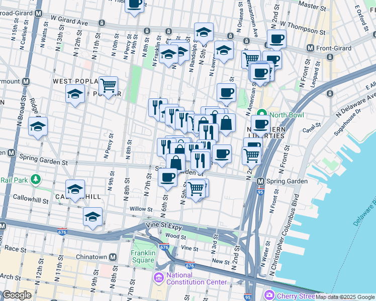 map of restaurants, bars, coffee shops, grocery stores, and more near 614 North 5th Street in Philadelphia