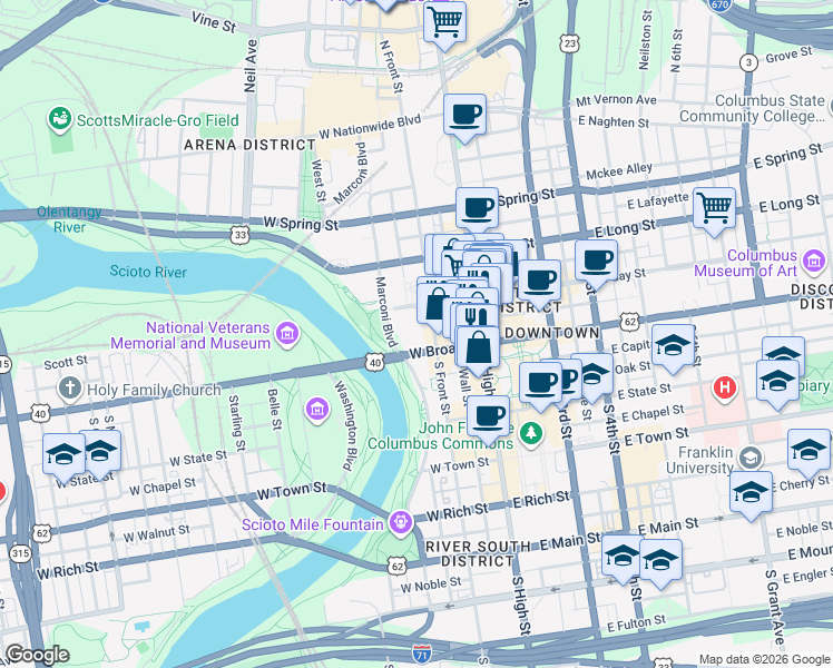map of restaurants, bars, coffee shops, grocery stores, and more near in Columbus