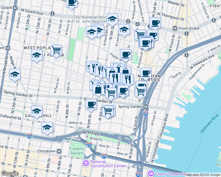 map of restaurants, bars, coffee shops, grocery stores, and more near 424 Fairmount Avenue in Philadelphia