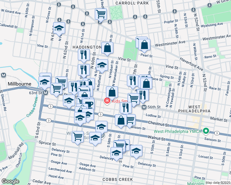 map of restaurants, bars, coffee shops, grocery stores, and more near 34 North 58th Street in Philadelphia