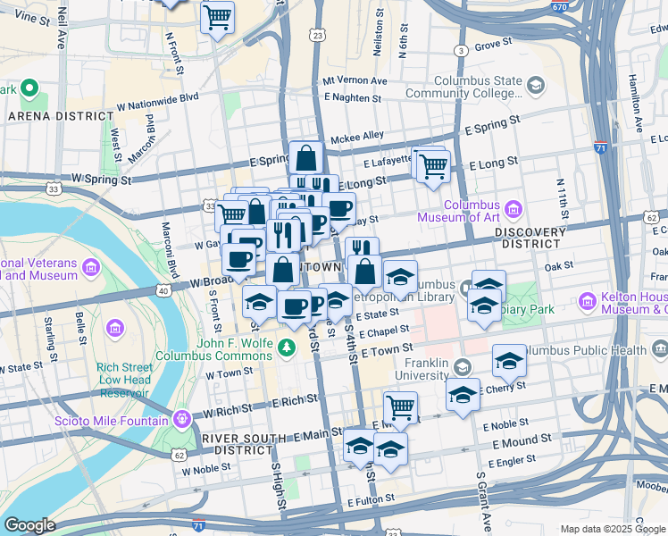 map of restaurants, bars, coffee shops, grocery stores, and more near 155 East Broad Street in Columbus