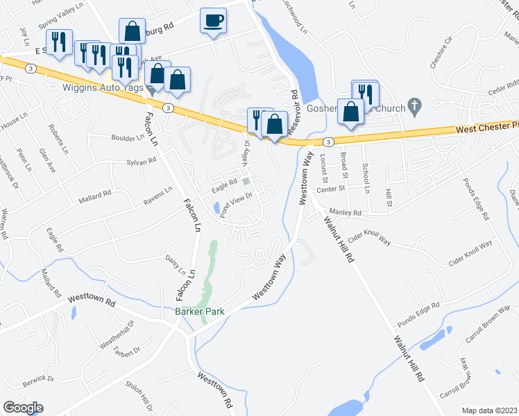 map of restaurants, bars, coffee shops, grocery stores, and more near 1018 Valley Drive in West Chester