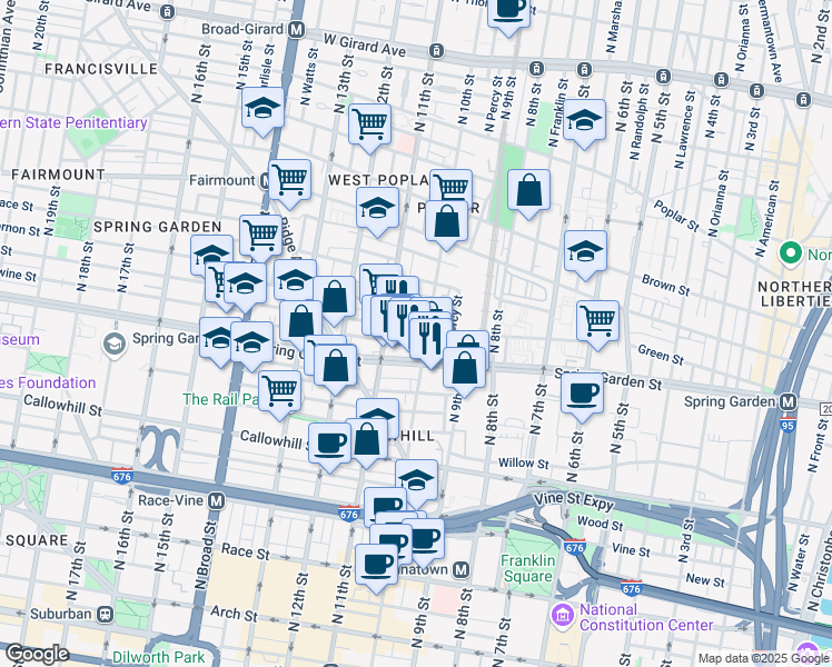 map of restaurants, bars, coffee shops, grocery stores, and more near 612 North 10th Street in Philadelphia