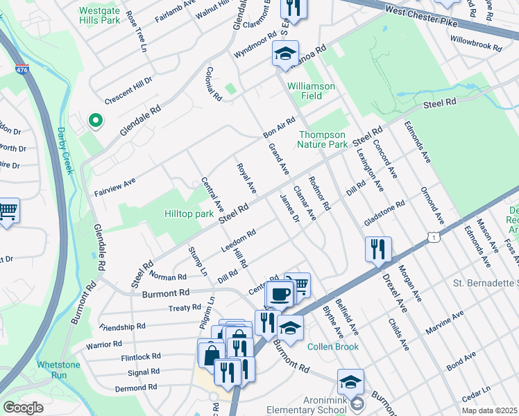 map of restaurants, bars, coffee shops, grocery stores, and more near 1235 Steel Road in Havertown