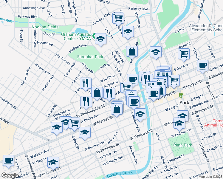 map of restaurants, bars, coffee shops, grocery stores, and more near 344 Gay Avenue in York