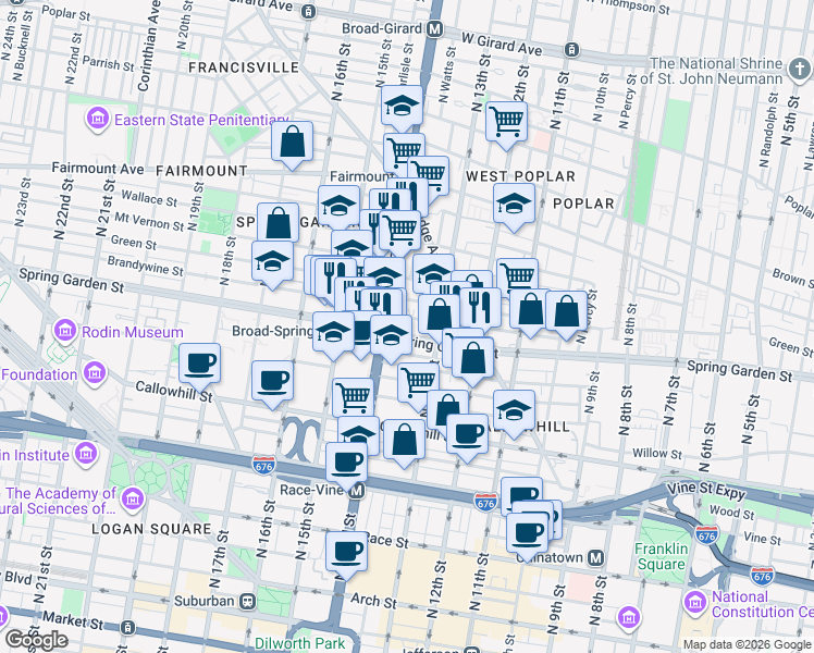 map of restaurants, bars, coffee shops, grocery stores, and more near 523 North Broad Street in Philadelphia