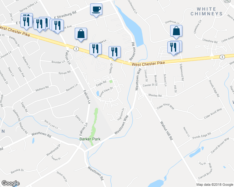 map of restaurants, bars, coffee shops, grocery stores, and more near 1014 Valley Drive in West Chester