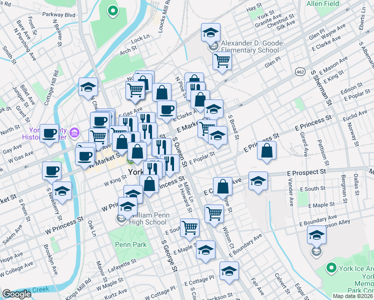 map of restaurants, bars, coffee shops, grocery stores, and more near 241 East King Street in York