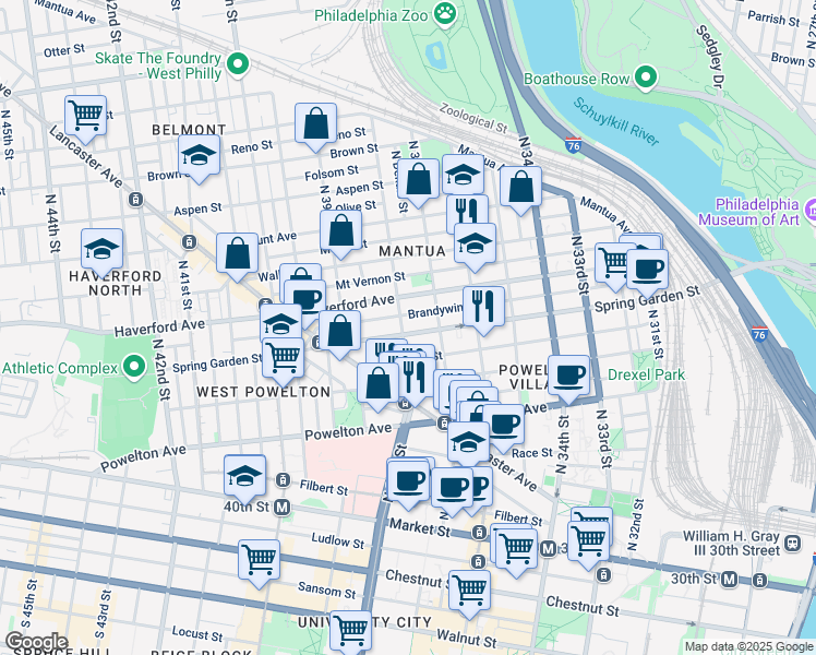 map of restaurants, bars, coffee shops, grocery stores, and more near 3727 Spring Garden Street in Philadelphia