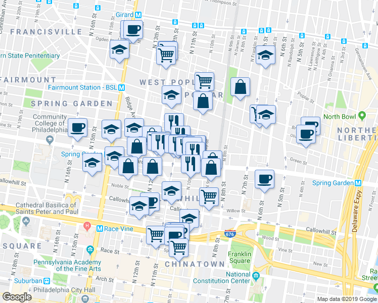 map of restaurants, bars, coffee shops, grocery stores, and more near 1006 Green Street in Philadelphia