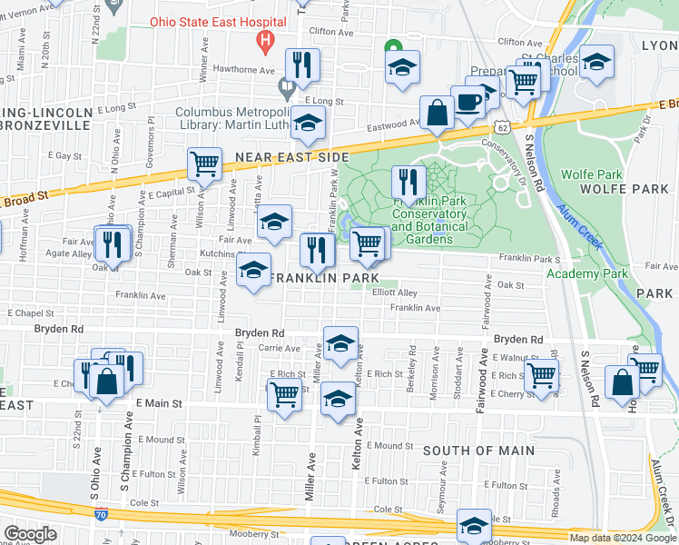 map of restaurants, bars, coffee shops, grocery stores, and more near 1516 Oak Street in Columbus