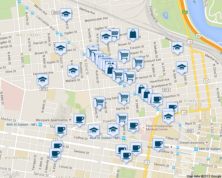 map of restaurants, bars, coffee shops, grocery stores, and more near 4046 Haverford Avenue in Philadelphia