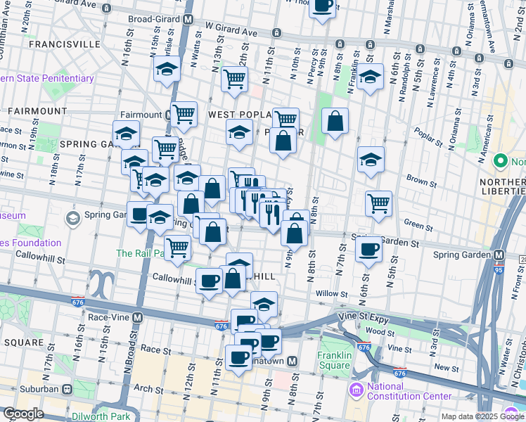map of restaurants, bars, coffee shops, grocery stores, and more near 1006 Green Street in Philadelphia