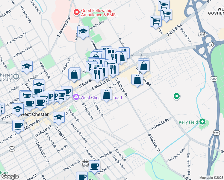 map of restaurants, bars, coffee shops, grocery stores, and more near 25 South Worthington Street in West Chester